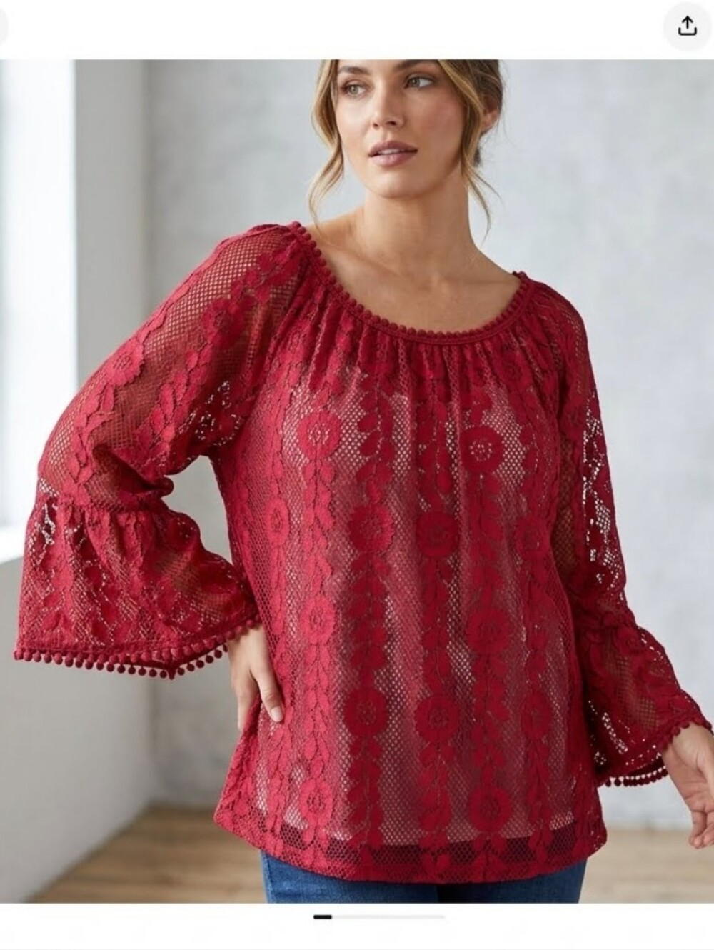 Deep Red Lace Bellsleeve Pompom Scoop Neck Blouse Top Boho Whimsical Romantic